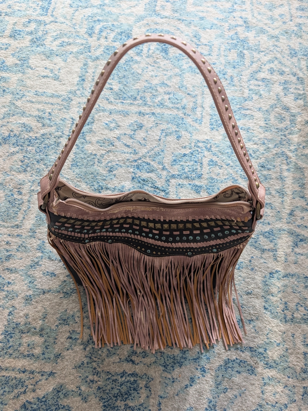 Fringed Pink Shoulder Bag with Stud Detail